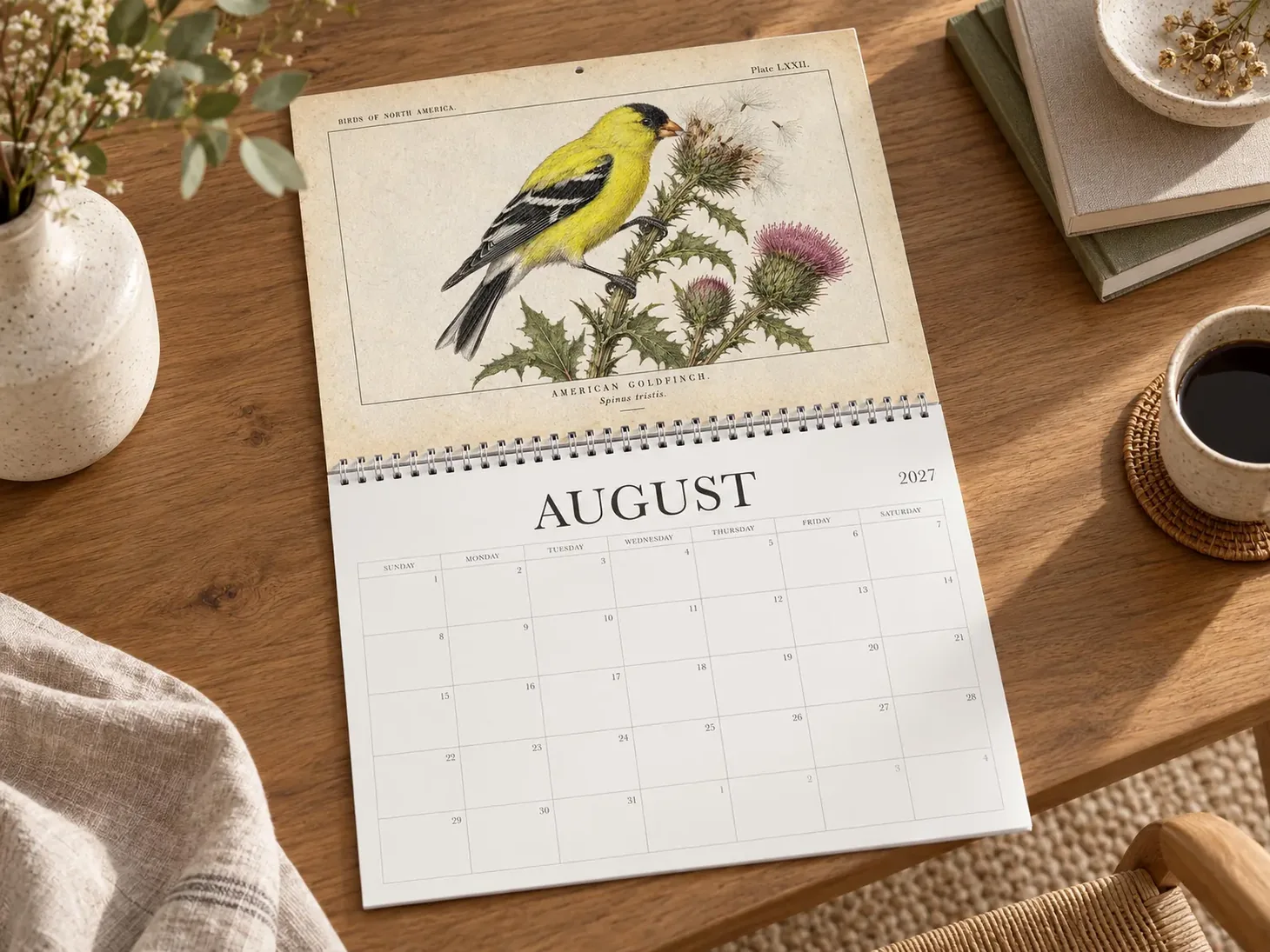 Open 2027 Birds of North America calendar showing an American goldfinch engraving over the August calendar page.