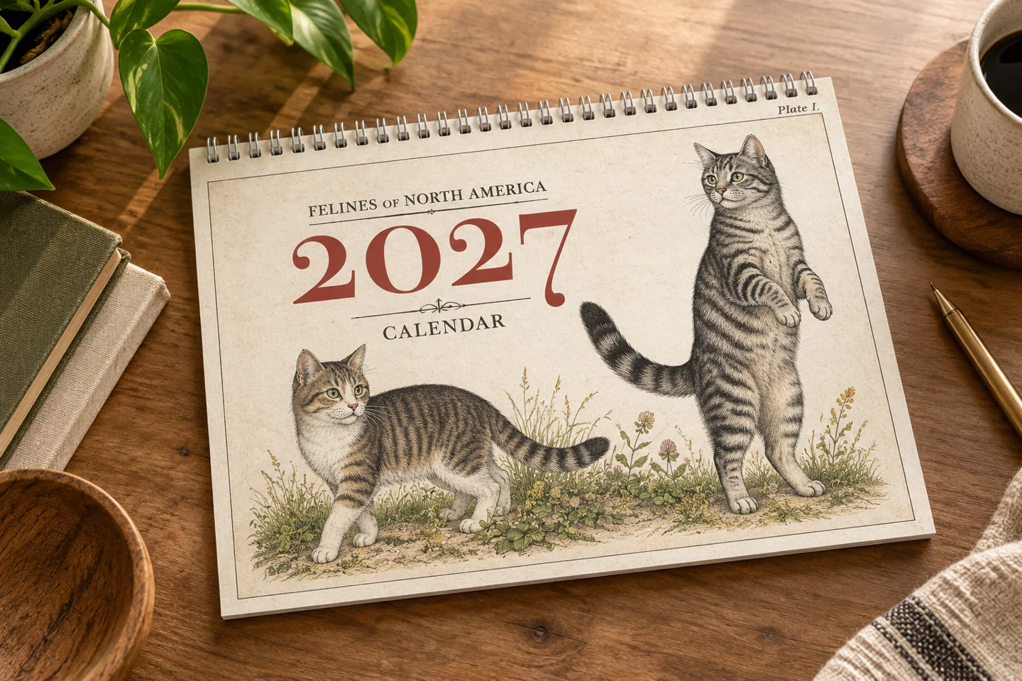2027 illustrated cat breed wall calendar cover with vintage engraved cat artwork on a wood table