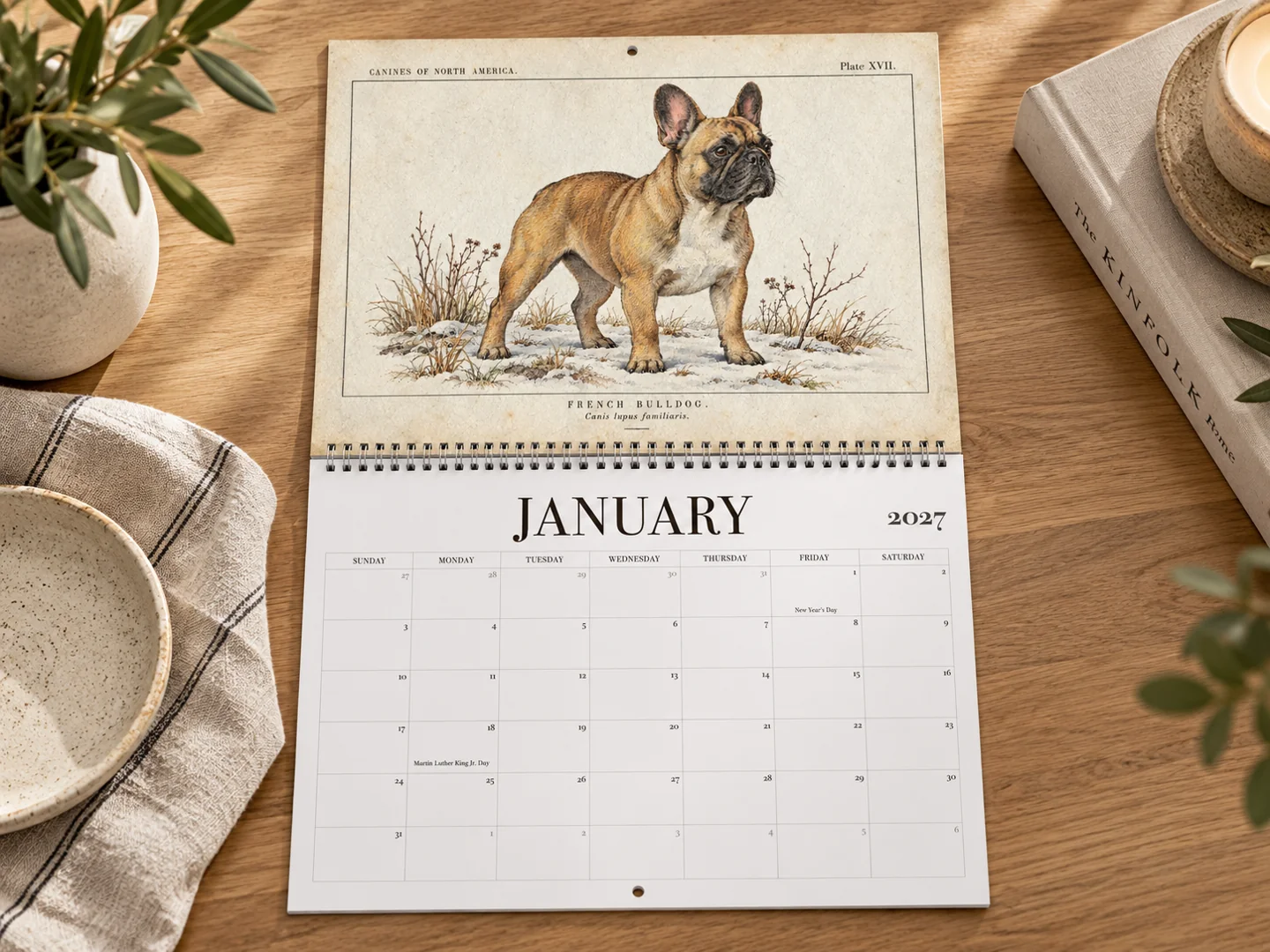 2027 dog breed wall calendar open to January featuring a French bulldog natural history illustration