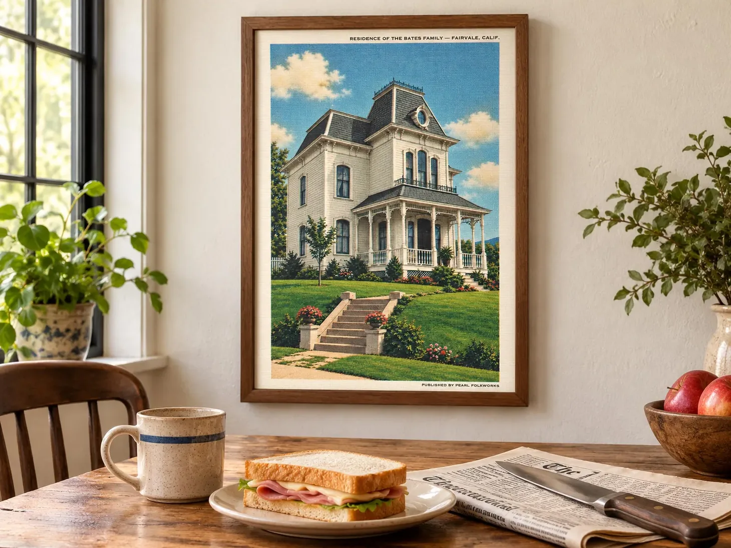 Framed print of the Bates family Victorian house with a porch and landscaped front lawn.