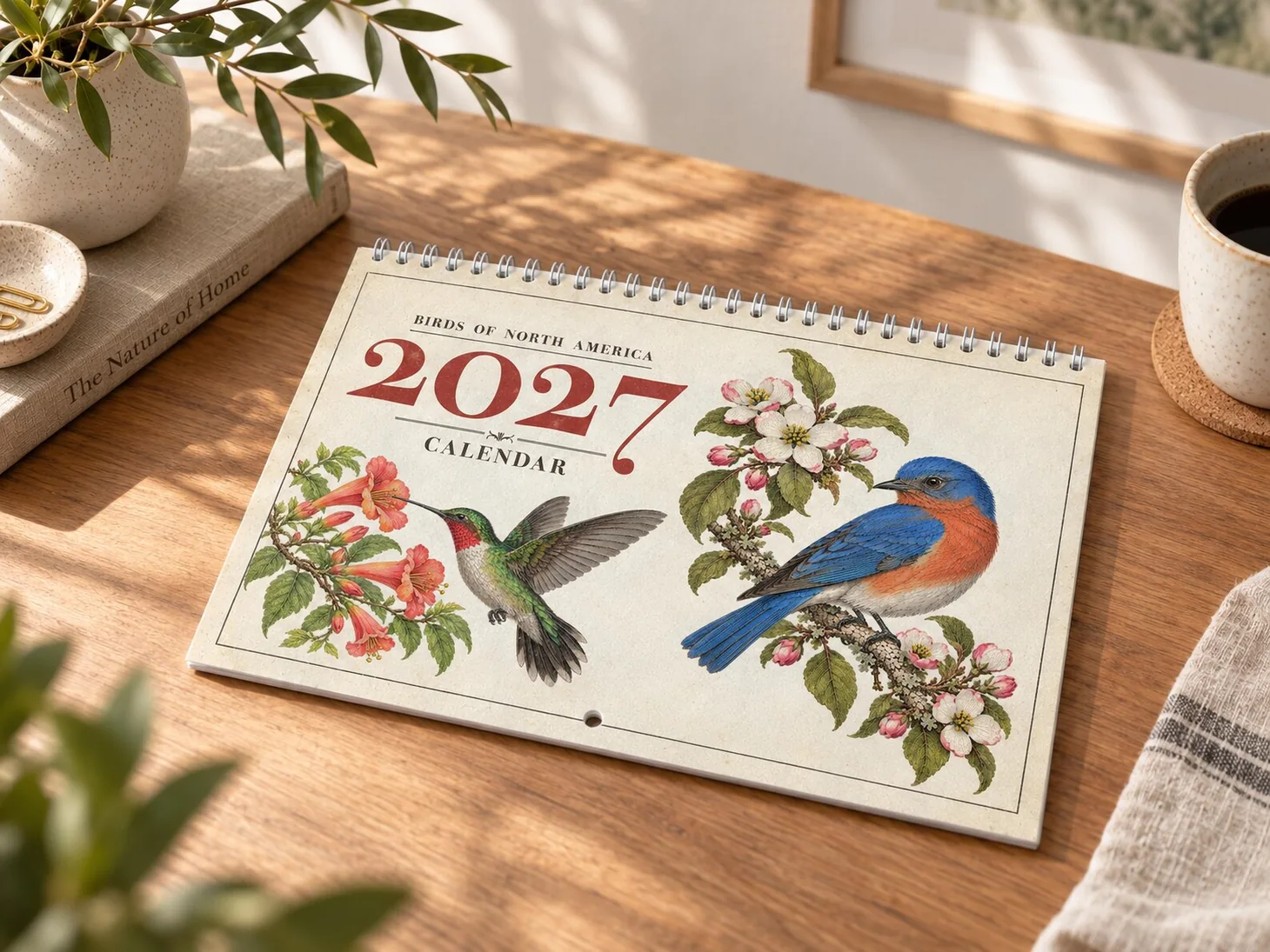 2027 Birds of North America wall calendar cover with hummingbird, eastern bluebird and flowers.