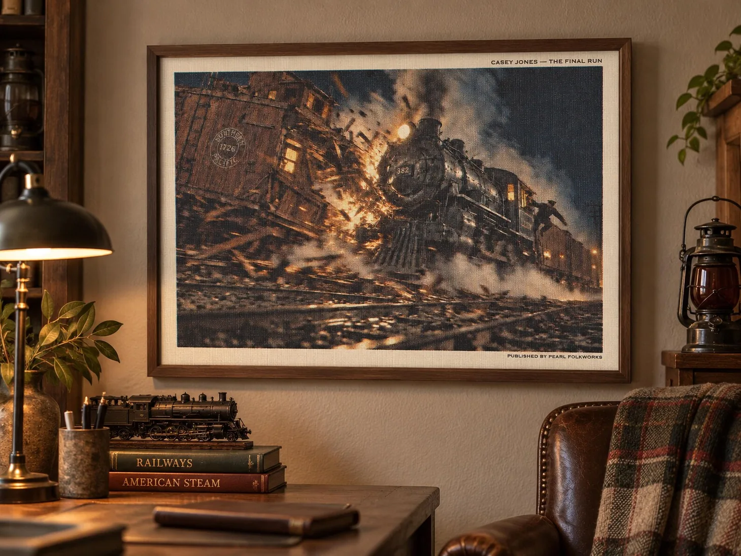 Framed Americana railroad artwork depicting a steam locomotive and collision in a dark nighttime scene.