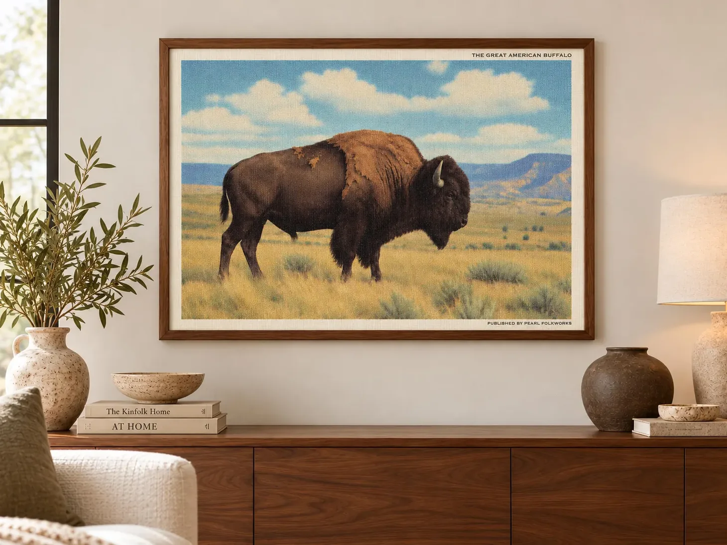 Framed Western wall art showing a solitary American bison standing in prairie grass beneath blue skies.