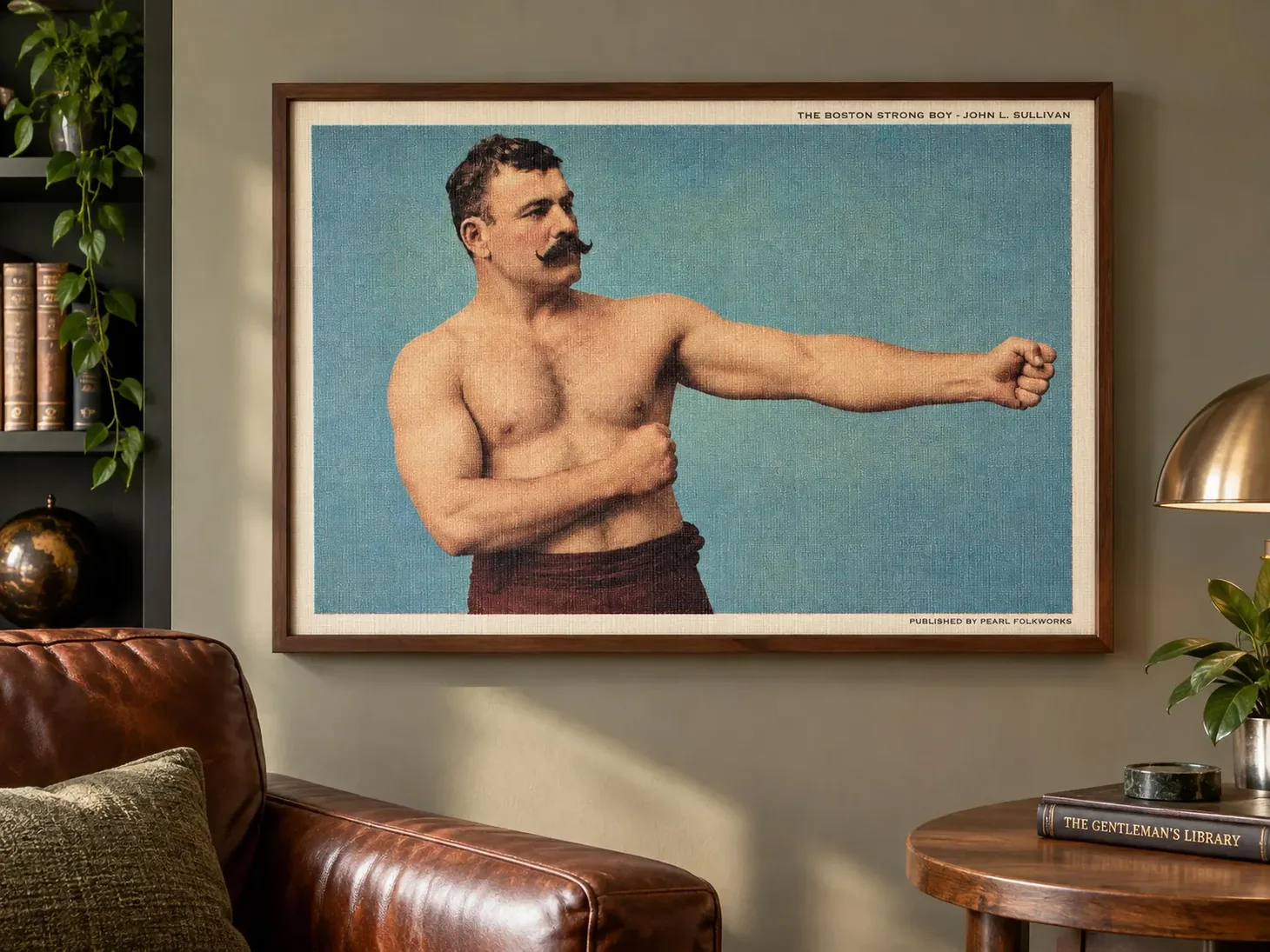 Vintage-style framed portrait print of John L Sullivan boxing with one arm extended.