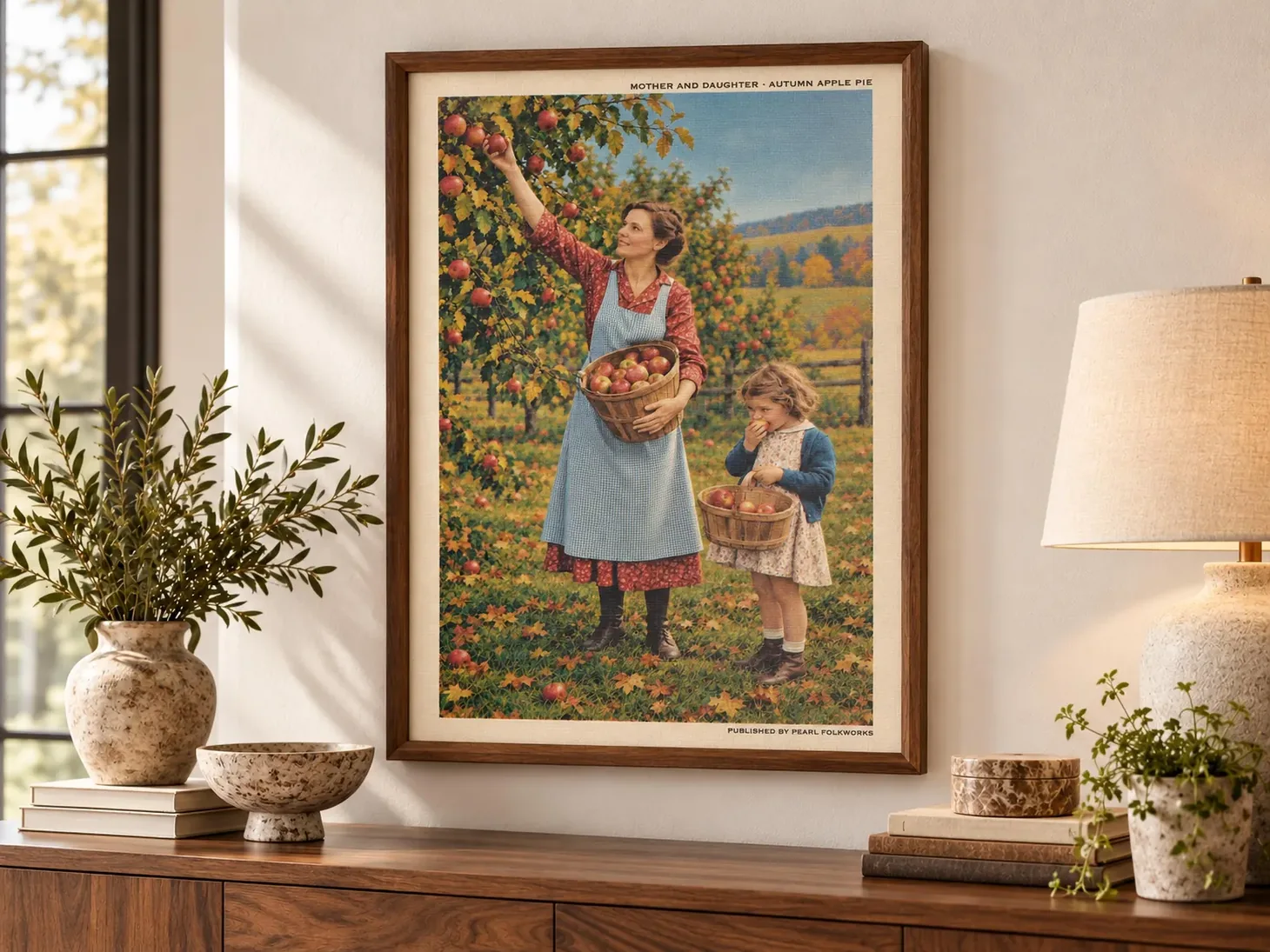 Framed vintage postcard-style illustration of a mother and daughter picking apples in an autumn orchard.