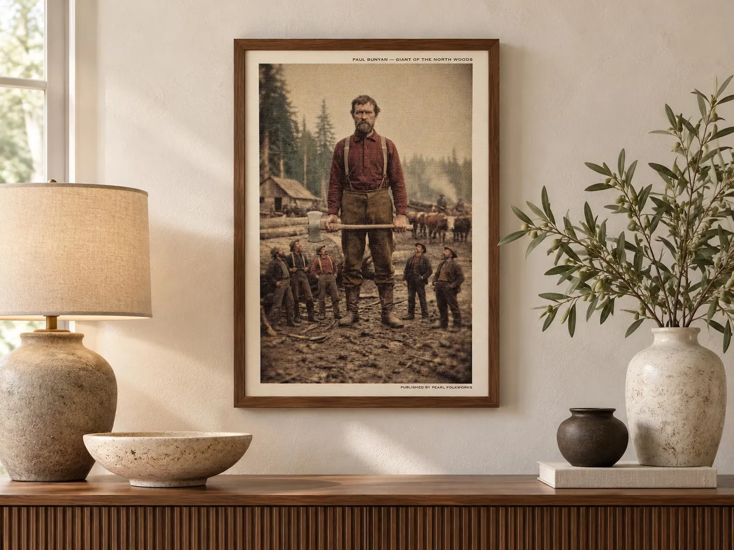 Framed Paul Bunyan giant lumberjack folk-art print displayed as the featured hero image