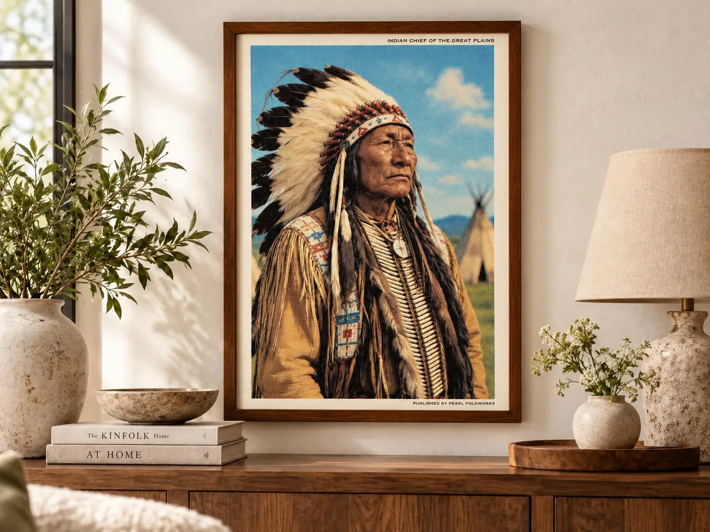 Framed portrait illustration of a Plains Native American chief wearing a feathered headdress.