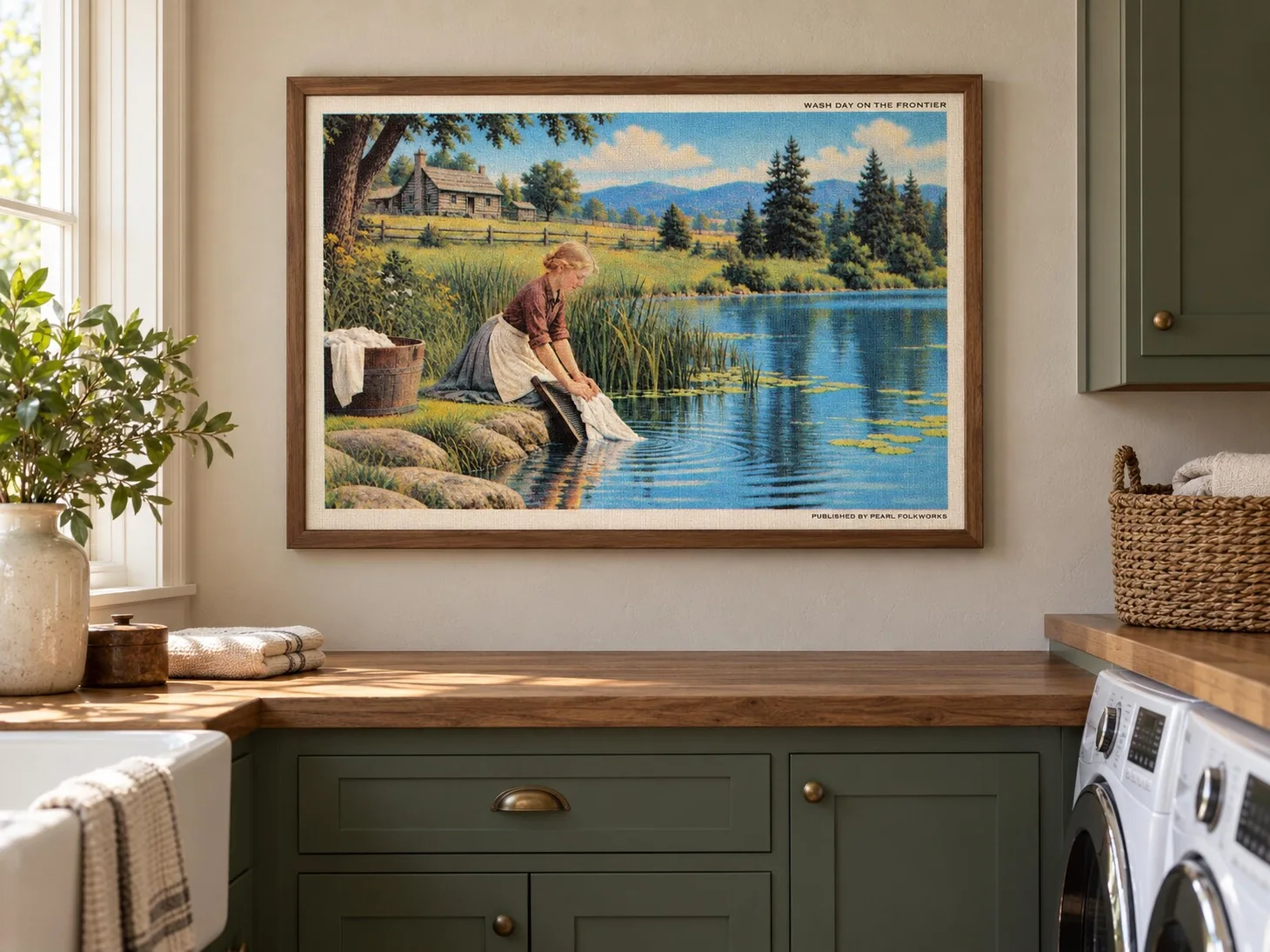 Framed vintage-inspired Americana print showing a frontier woman washing linen beside a lake and cabin.